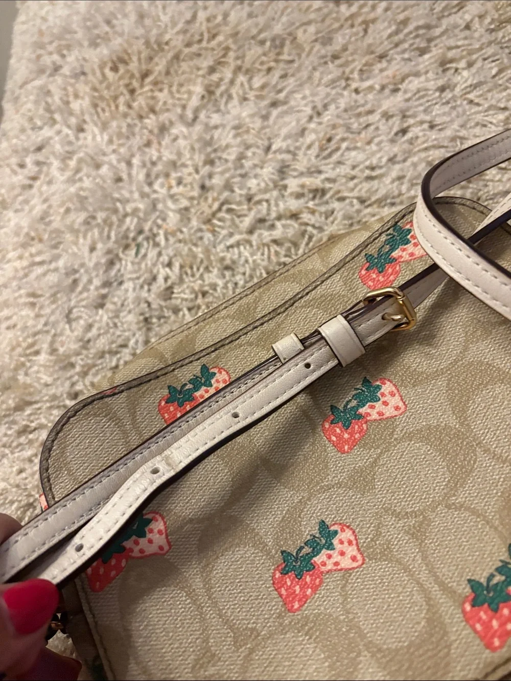 Coach Khaki Signature Strawberry Crossbody in Khaki/Red